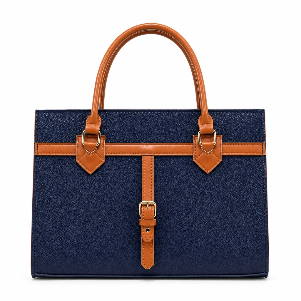 Navy and Tan Structured Leather Tote.webp