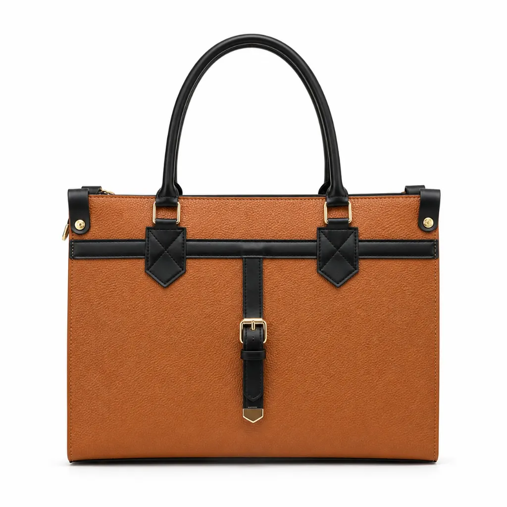 Tan and Black Structured Leather Tote.webp