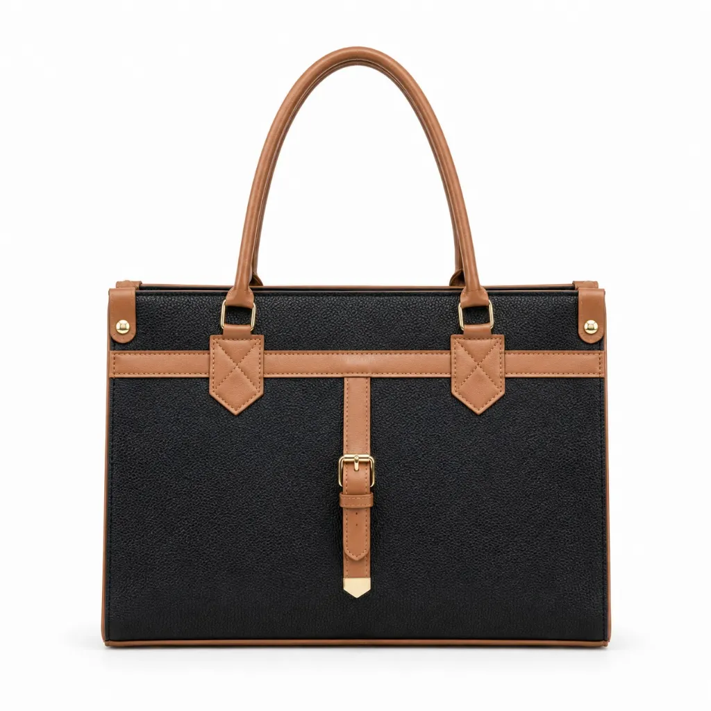 Black Pebbled Tote with Tan Trim.webp