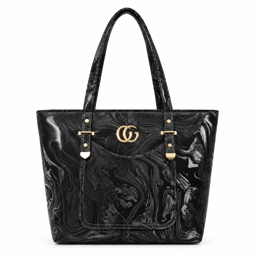 Glossy Marbled Black Tote with Gold GG Emblem (1).webp