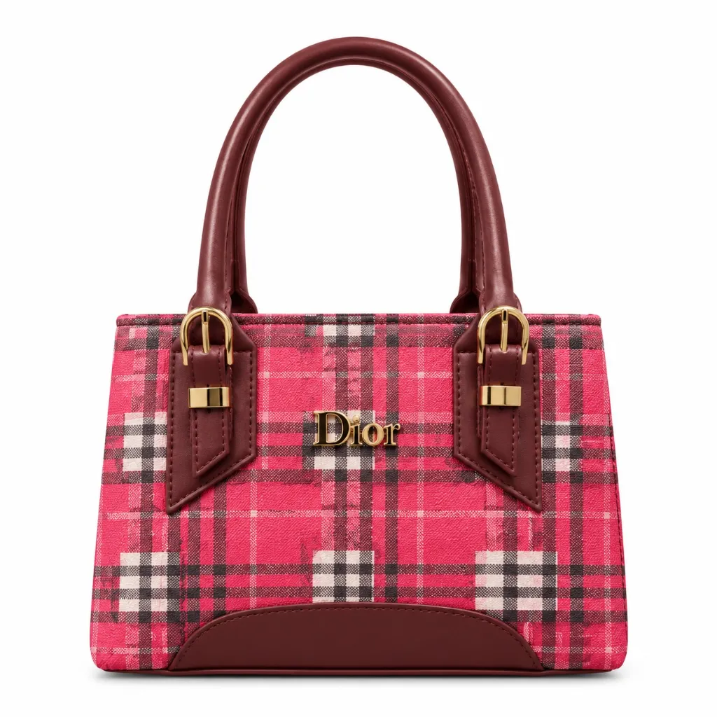 Red Plaid Dior Satchel with Gold Hardware.webp